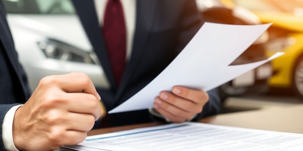 Lawyer with accident documents and blurred cars in background.