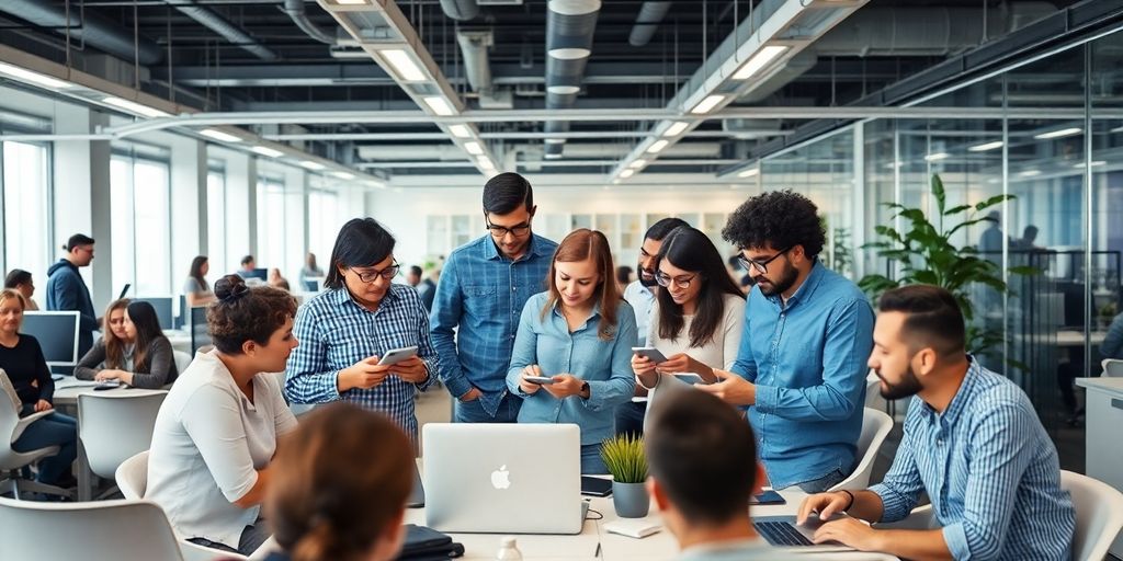 Diverse team collaborating in a modern office space.