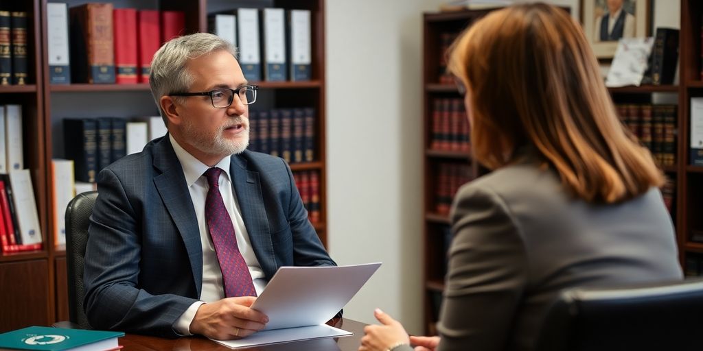 Accident solicitor consulting with a client in an office.