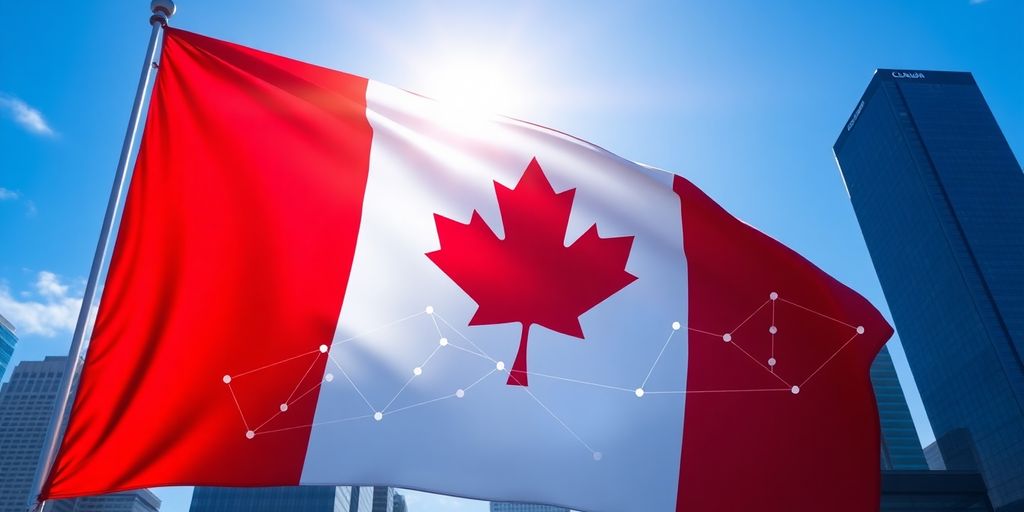 Canadian flag with digital blockchain elements and skyline.